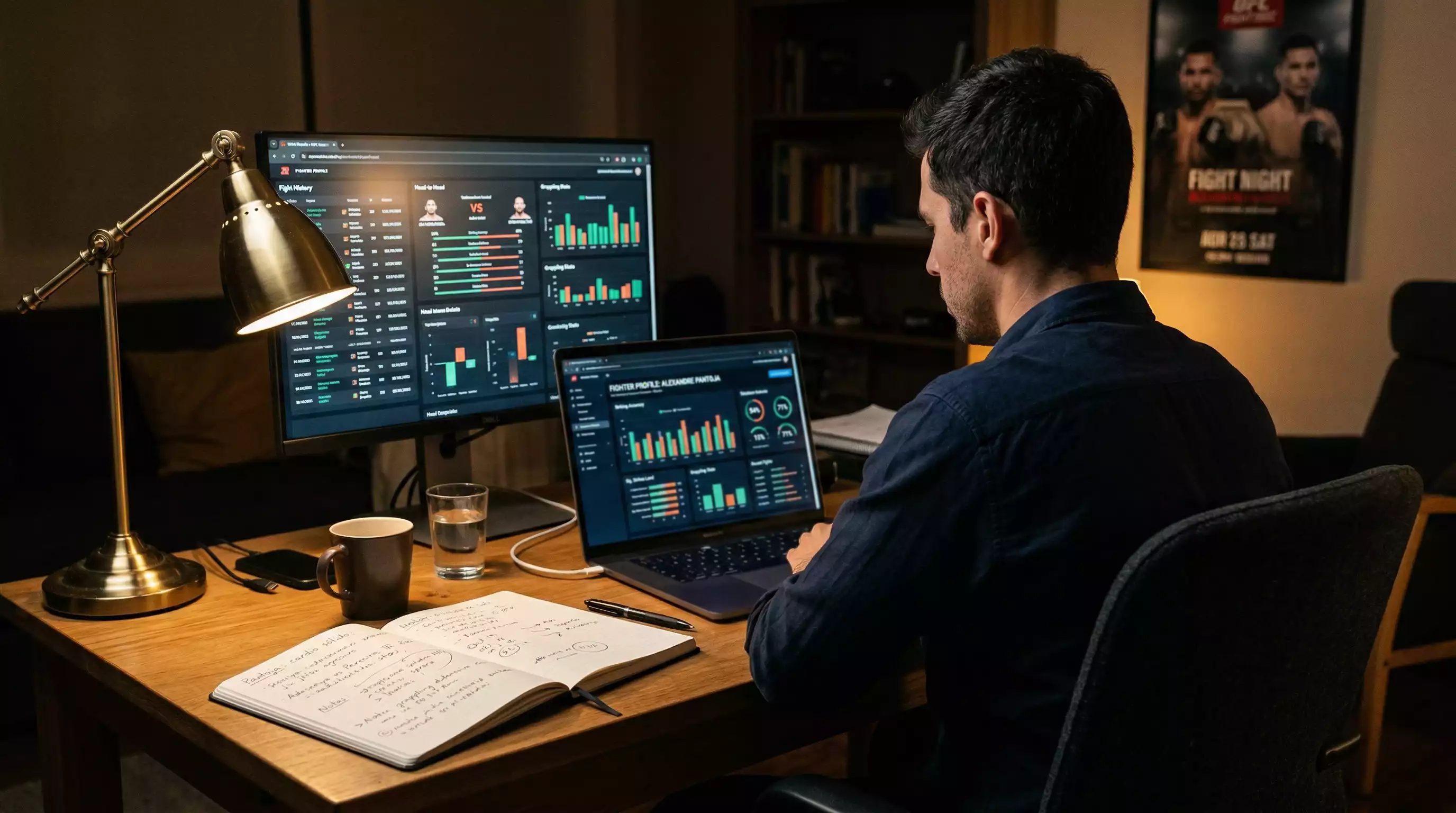 Estrategias de value betting UFC - analista revisando estadisticas de peleadores de MMA